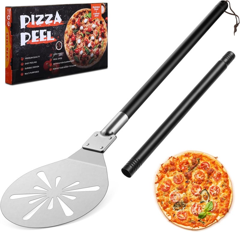 Joyfair 9 Inch Pizza Peel Turning, Perforated Pizza Turner with Long Detachable Handle, Stainless Steel Spatula Paddle for Rotating Sliding, Metal Tools Oven Accessories, Oven-safe & Easy Cleanup - Image 1